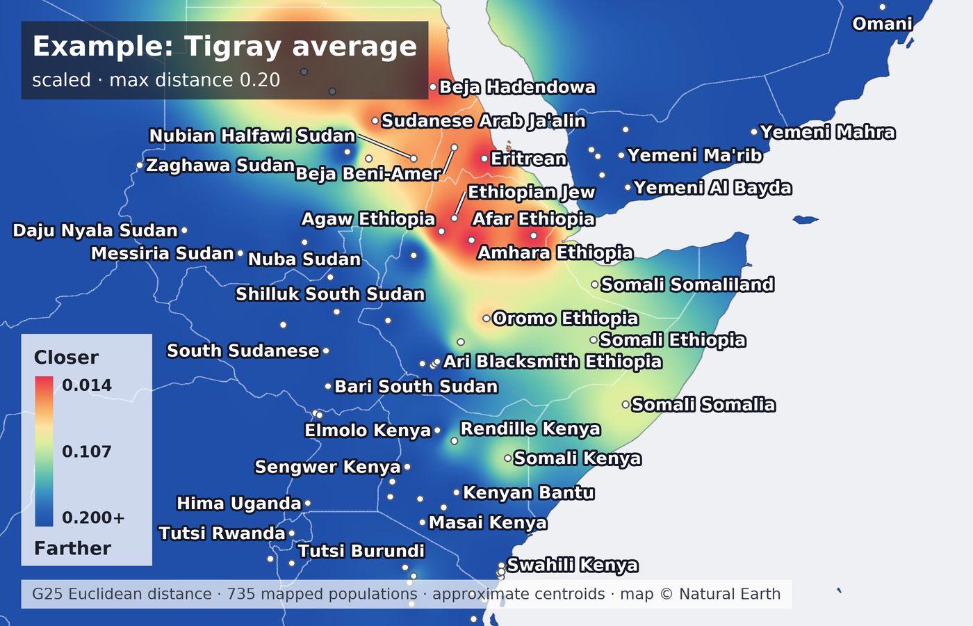 Example heatmap of the Horn of Africa: red areas are genetically closest to the example (a Tigray average), blue are distant